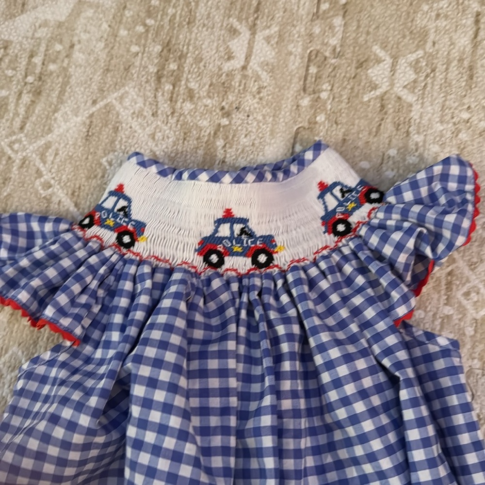 Cutest Smocked Bubble with Police Car Embroidery
